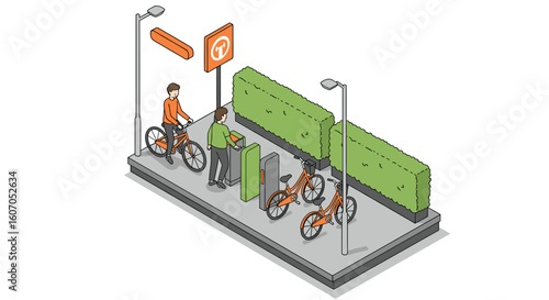 Urban bike sharing station with isometric design for sustainable city