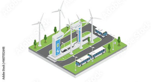 Sustainable transport hub with electric buses and wind turbines in iso