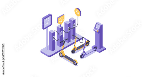 Isometric electric scooter charging station with digital displays and