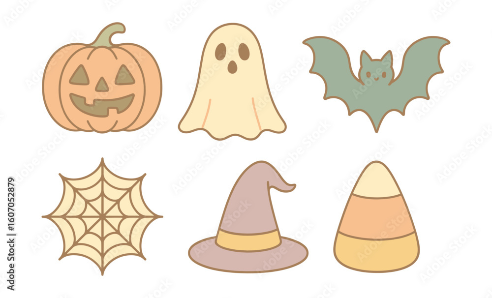Fototapeta premium Cute halloween icon set featuring ghost, pumpkin, bat, and candy corn in pastel colors