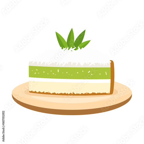 Illustrated slice of layered green cake with white frosting and leaf garnish on a plate.