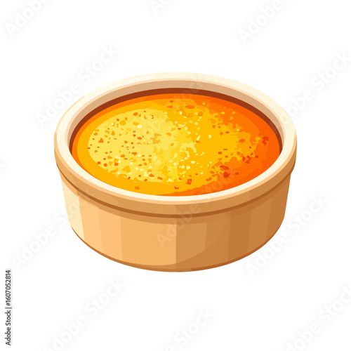 Stylized vector illustration of a cr?me br?l?e dessert with a golden caramelized sugar crust in a ceramic ramekin.