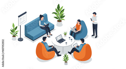 Modern office team collaboration in isometric design with plants and t