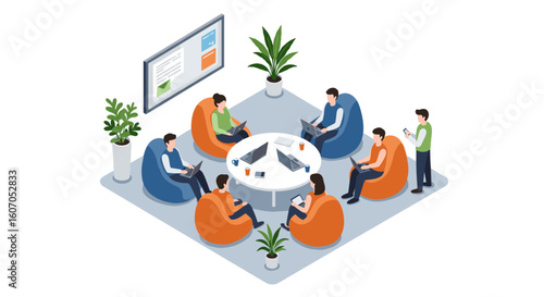 Collaborative office meeting in modern isometric style with laptop wor