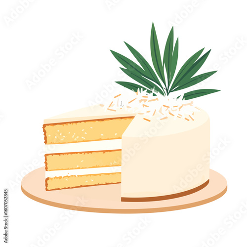 Sliced coconut layer cake with white frosting, topped with shredded coconut and a green leafy garnish.