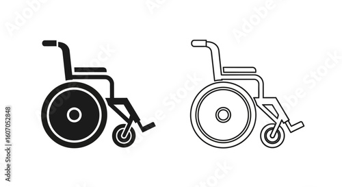 Two simple wheelchair icons; one filled, one outlined.  Representations of mobility assistance.