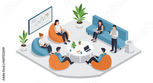 Collaborative team meeting in modern office with laptops and presentat