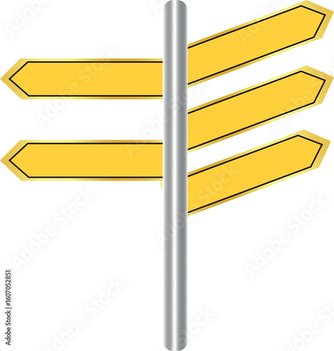 Directional signpost with four blank yellow signs pointing in different directions concept