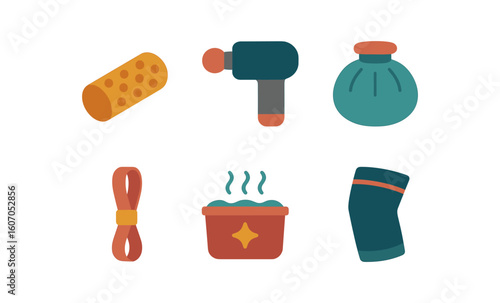 Fitness equipment icons: roller, massager, hot water bottle, resistance band, foot bath, knee support