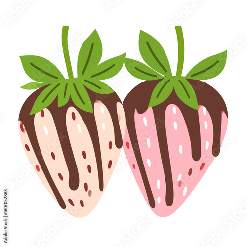 A pair of stylized pink and white strawberries dipped in dripping dark chocolate.