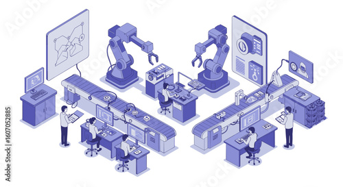 Modern isometric factory with automated robotic assembly line and digi