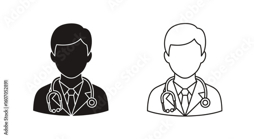Two doctor icons, one filled in black and the other in outline, both wearing a suit and stethoscope.