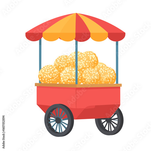 Illustrated red food vendor cart with a striped awning, filled with golden sesame seed balls.