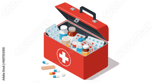 Isometric first aid kit with medicines and supplies for emergency heal