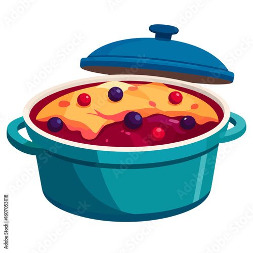 Stylized illustration of a hot berry cobbler in a teal Dutch oven with the lid ajar.