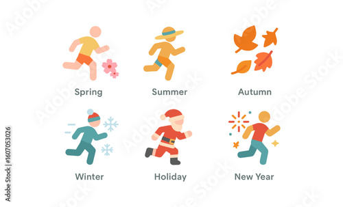 Seasonal activities icons: spring flowers, summer hat, autumn leaves, winter snowflakes, holiday santa, new year celebration