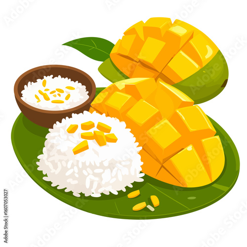 Stylized illustration of mango sticky rice, a Thai dessert with fresh cubed mango and coconut cream served on a banana leaf.