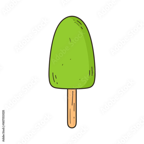 Cartoon style light green popsicle with a rounded top and textured wooden stick.