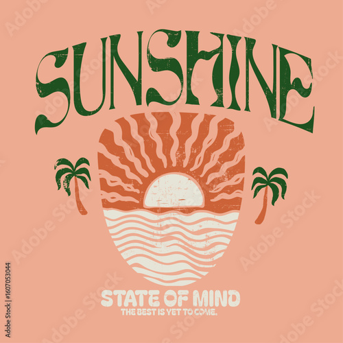 Sunshine state of mind summer slogan. women's summer print artwork. Sunset beach t-shirt. Beach wave artwork.