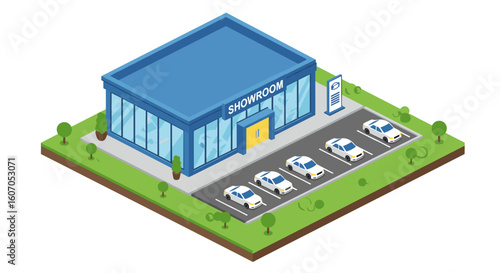 Isometric car showroom with parking and modern architecture design