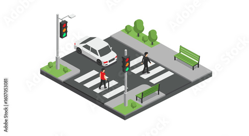 Isometric city crosswalk scene with pedestrians and traffic lights