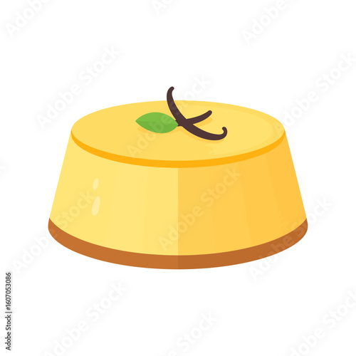 Smooth yellow vanilla flan with a caramel base, garnished with a vanilla bean and a fresh mint leaf.