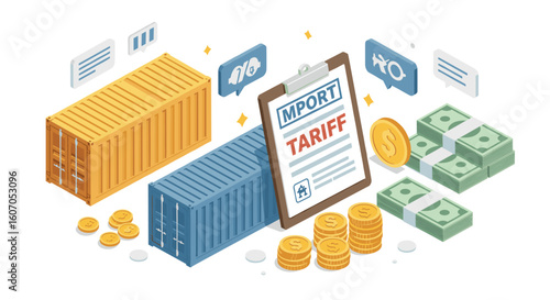 Import tariff concept with shipping containers and financial symbols