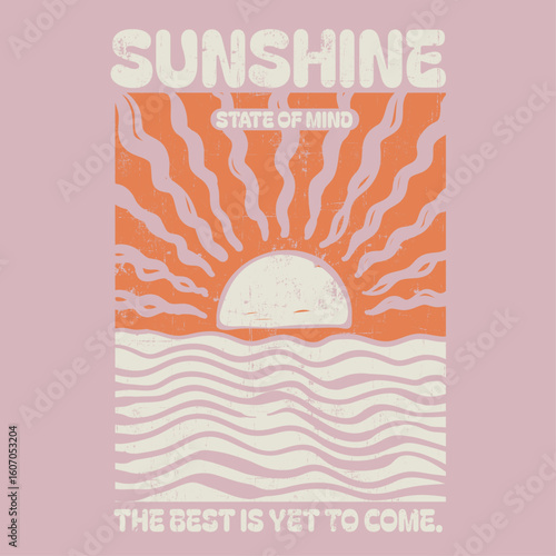 Sunshine state of mind graphic print design.  Sunset beach t-shirt.  women's summer print artwork. under sun  waves vector prints. Beach wave artwork.