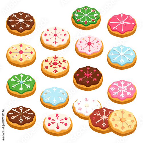 Isometric vector set of Christmas sugar cookies with colorful snowflake glaze.