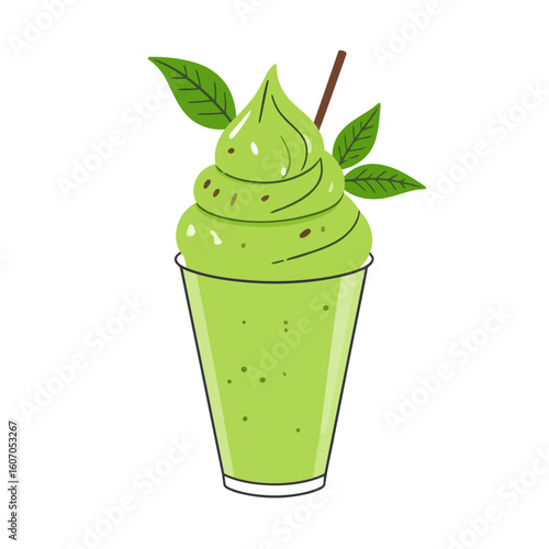 Illustrated matcha green tea frappe with swirled topping, fresh leaves, and a brown straw in a clear glass.
