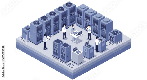 Isometric data center room with servers and it technicians in action