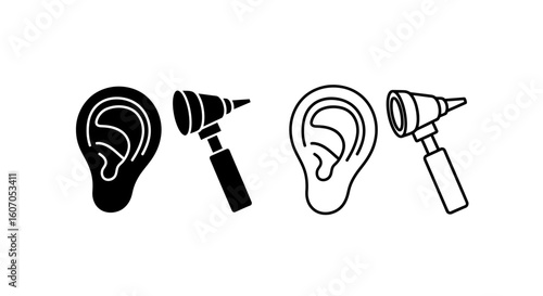 Ear examination icons: solid and outline styles of human ear and otoscope.
