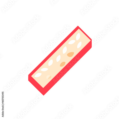 Isometric illustration of a rectangular nougat bar with a red border and visible seeds.