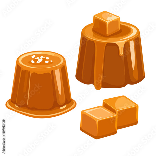 A sweet collection of glossy caramel desserts, including salted flan, dripping pudding, and chewy candy cubes.