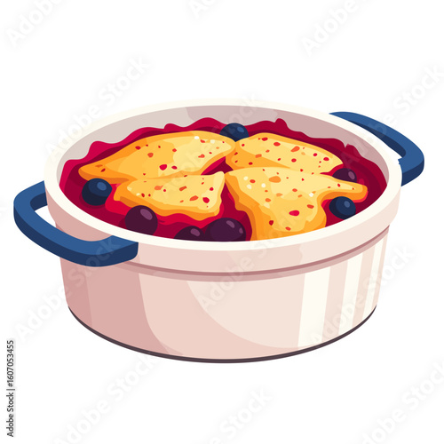 Illustrated blueberry cobbler with a golden biscuit crust in a white ceramic casserole dish.
