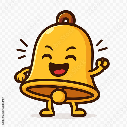 A radiant, golden bell character with a wide, happy smile and eyes closed in delight. Its small, energetic limbs suggest a ringing motion, conveying a sense of announcement, happiness, or good news. 