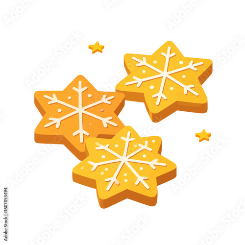 Trio of golden star-shaped gingerbread cookies with white snowflake icing decoration.