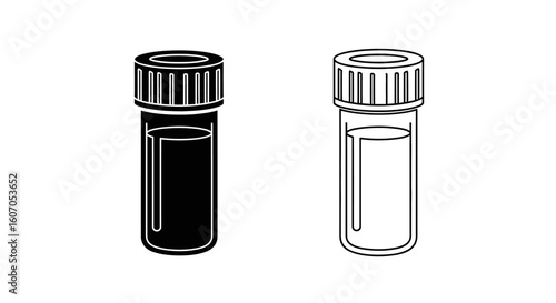 Two medical vials, one black filled and one outlined, with liquid inside.