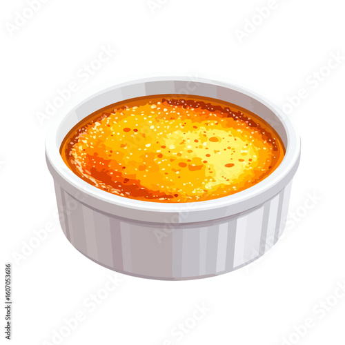 Delicious cr?me br?l?e dessert with a golden caramelized sugar crust served in a classic white ceramic ramekin.