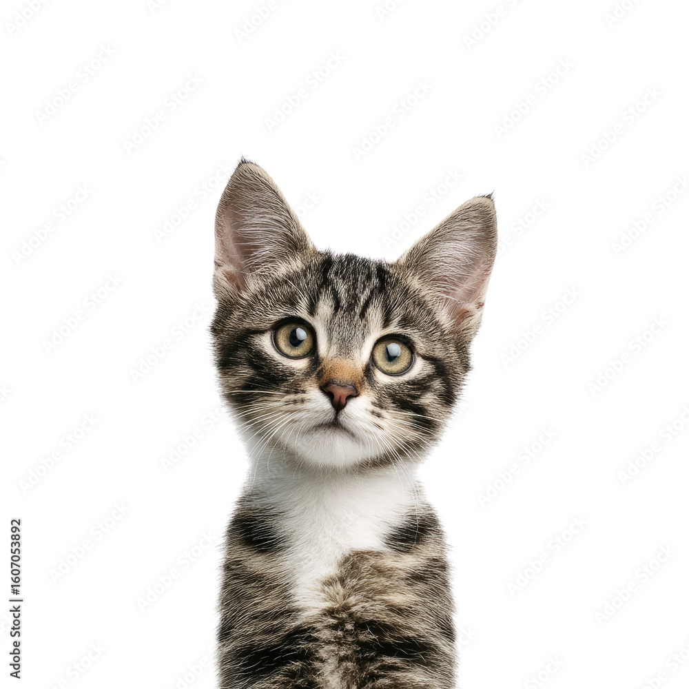 Obraz premium Cute Tabby Kitten with Striking Eyes Posing Frontally Against a Plain Background