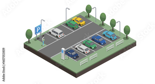 Isometric parking lot with cars and trees