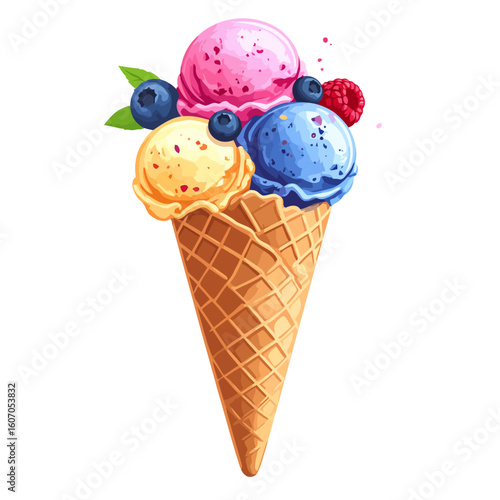 A vibrant watercolor illustration of a waffle cone with three colorful scoops of ice cream, garnished with fresh blueberries and a raspberry.
