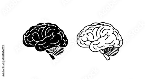 Two stylized brain illustrations, one black and one white, side-by-side, isolated.