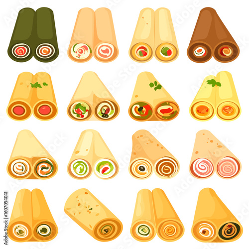 Colorful assortment of rolled tortilla wraps and pinwheel sandwiches with various fresh fillings.