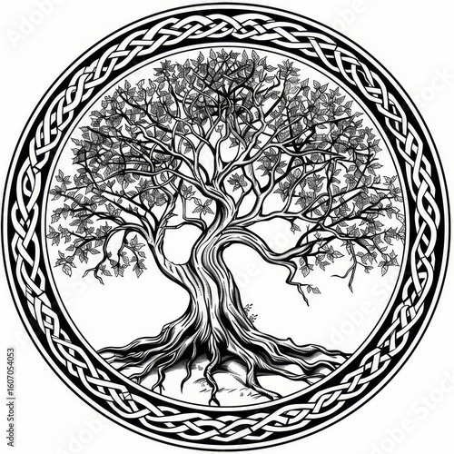 An intricate black and white illustration of the Yggdrasil, the Norse World Tree, featuring intertwined branches and roots forming a powerful tree of life symbol within a Celtic knot circle.