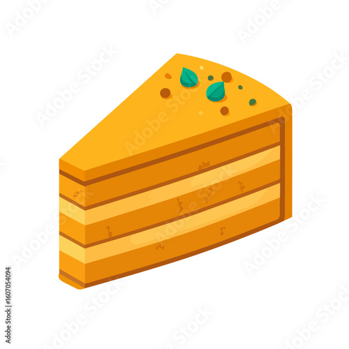 Slice of layered yellow cake with creamy filling and mint leaf garnish.