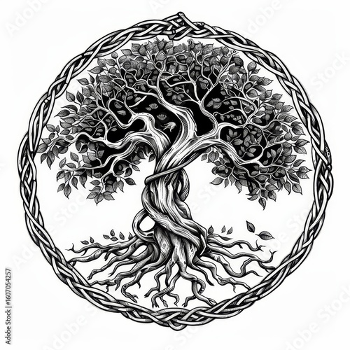 An intricate black and white illustration of the Yggdrasil, the Norse World Tree, featuring intertwined branches and roots forming a powerful tree of life symbol within a Celtic knot circle.