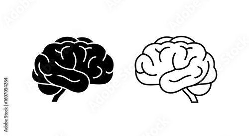 Two brain icons are displayed, one filled in black and the other an outline, isolated on a white background.