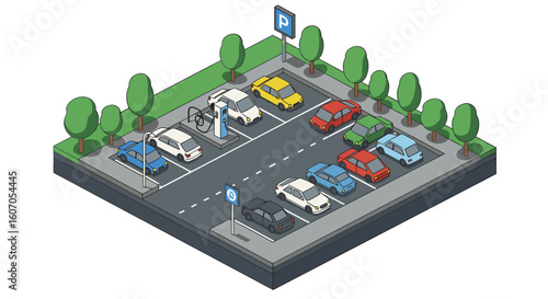 Isometric parking lot with electric charging stations and cars
