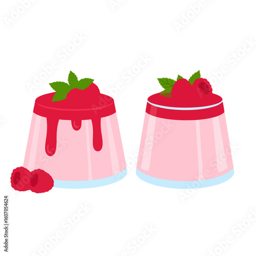 Set of two pink raspberry panna cotta desserts with dripping coulis and fresh mint garnish.